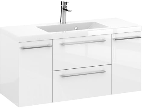 Furni Rosen 100 cm Hängend Waschbecken mit Unterschrank und Glänzenden Chromgriffen Waschbeckenunterschrank Badezimmer Waschtisch mit Unterschrank Waschtischunterschrank