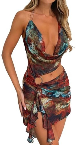 MAHUAOYIXI Abito Corto Donna Senza Maniche Sexy Senza Schienale Estivo Scollo a V Bodycon Elegante Cerimonia Festa Cocktail Mini da Sera Casual Discoteca