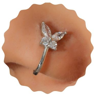 Crymystal Vintage Strass Schmetterling Nase Ring Fake Fach Nase Ring Nagel U-förmige Clip Nase Nagel Biegbare Nase Ring Persönlichkeit Nase Ring Schmuck für Frauen und Mädchen Geschenke (Silber)