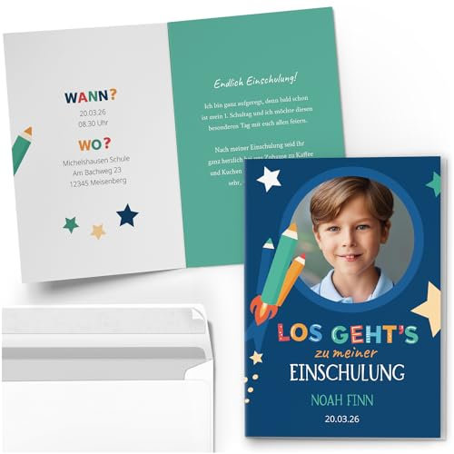 10 Einladungskarten Einschulung mit Foto und Text personalisiert Schulanfang Schuleinführung Schulkind mit Umschlägen Motiv Rakete Blau Jungen Einladung