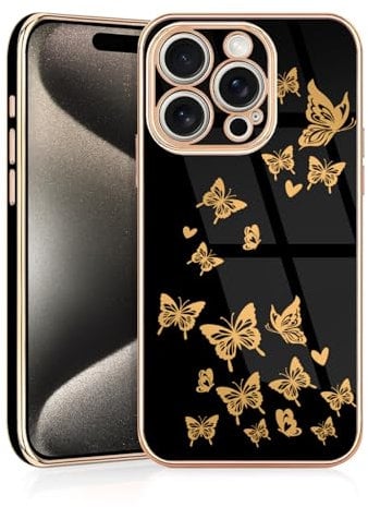JRIANY for iPhone 15 Pro Max Case, Flexible Silicone Case Protective Phone Case with Design Cute Animal Pattern Shockproof Bumper Cover Compatible with Apple iPhone 15 Pro Max - Black Butterfly