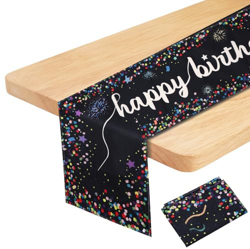 Hejo Tischläufer Geburtstag Deko, Dicke Party Tischdecke Deko, Happy Birthday Deko, Mehrweg Geburtstagsdeko Tisch für Geburtstag Party Dekoration (Schwarz, 33×183cm )