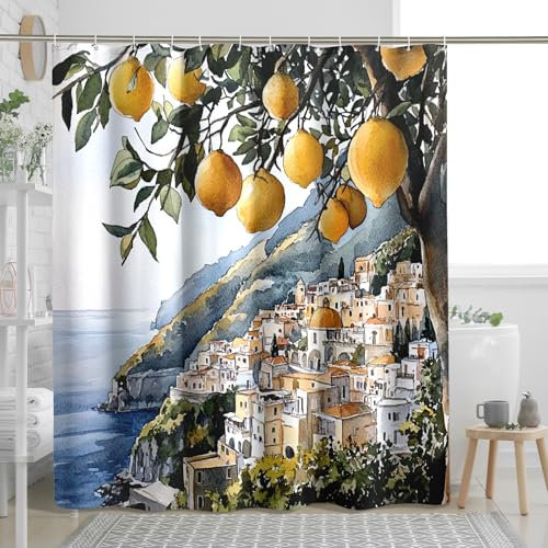 Lemon Tree Shower Curtain, Watercolor Yellow Citrus Fruit Shower Curtain for Bathroom Decor, Summer Modern Rustic Beach House Waterproof Fabric Shower Curtain Set with Hooks 72x78 Inch