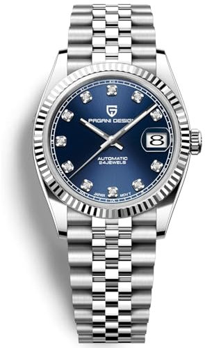 Pagani Design Luxus Herren Mechanische Automatikuhr Japan NH35 Uhrwerk Edelstahl AR Synthetischer Saphir 100m Wasserdicht Elegant Kleid Sport Uhr Datum (Blau Diamant)