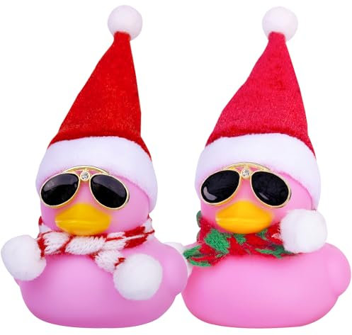 Mwmoeen Weihnachten Gummiente Autodekoration, 2 Stück Gelbe Quietscheente Duck Armaturenbrett Ornamente, mit Weihnachtshut Schal Sonnenbrille, Passend für Auto, Büro, Haus Dekoration