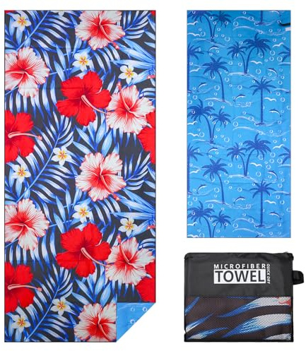 Vorvowry Serviette de Plage Homme Femme XXL Grande Microfibre Léger et Doux Anti Sable Séchage Rapide Drap de Plage avec Sac en Filet 80×180cm Fleurs Tropicales 1PC