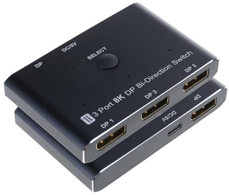 DisplayPort Splitter Adapter 3 inputs 1 output 8K30hz video quality, 3 inputs and 1 output configuration for multiple screens