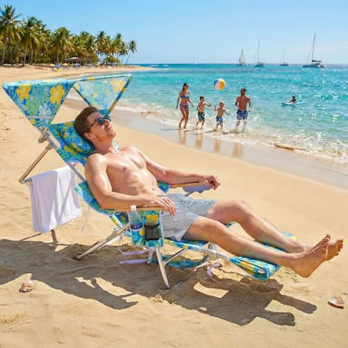 Rucksack-Strandstuhl, 4-in-1-Klapp-Liegestuhl mit Sonnendach und Gesichtsöffnung, tragbarer Liegestuhl für Erwachsene mit Armlehnen, ideal für Strand, Sonnenbaden, Pool und Garten (Blumenmuster)