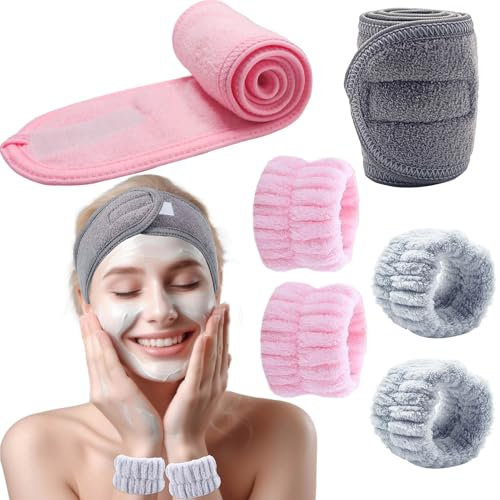 BTIYMU 6 Pièces Bandeau Cheveux Femme Maquillage Bracelet de Lavage Poignet Visage Esthétique, Serre Tete Maquillage Spa Reglable Bandeau Soin Visage Demaquillage Manchette Skincare Set(Rose, Gris)