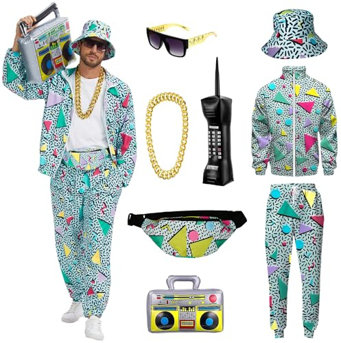 YQVGFBY 80er Jahre Outfit Herren 90er Retro Trainingsanzug Halloween Karneval Kostüm Jogginganzug Sportanzug Badass-Kostüme 8Stk