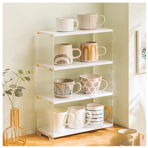 QVK Vetrina per tazze da appoggio, porta tazze da caffè, in laminato di bambù e pannelli laterali in acrilico, adatto per cucina, camera da letto, bar (XL, bianco)