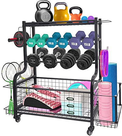 JXYQ Dumbbell Rack Stand with Wheel Workout Equipment Organization Shelf Storage Organizer, Weight Stand Holder for Dumbbells, Kettlebells, Yoga Mat, Balls,Stand Only