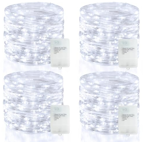 4 Stück Lichterkette Batterie Timer 5M 50 LED Weihnachten Lichterketten | 5 Modi,Timer, DIY Flexibel,Wasserdicht, Außen Lichterkette für Party Hochzeit Weihnachten Deko,Weiß