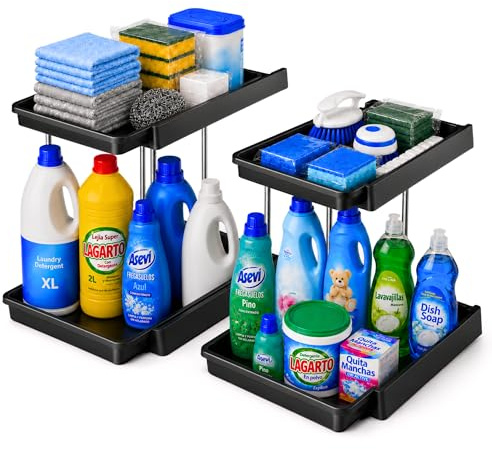 LUXYSKY est 2022 Organizador bajo fregadero -2Unidades de Organizador Armario Cocina - Estanterias Almacenaje Cocina - Diseño para contener 12 botellas según tamaño (Negro)