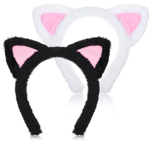 Prasacco 2 Stück Katzenohren Haarreif, Süßes Katzenohren Haarband Weiches Plüsch Stirnband für Rollenspiele, Musikfestivals, Themenpartys, Halloween, Karneval, Gesichtswaschen (Schwarz, Weiß)
