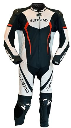 SUDSTAR Traje de moto de piel A, blanco y negro, diseño deportivo, protecciones CE certificadas nivel 2, sistema Thermoline A-Grade, predisposición AIRBAG, Blanco y negro, M
