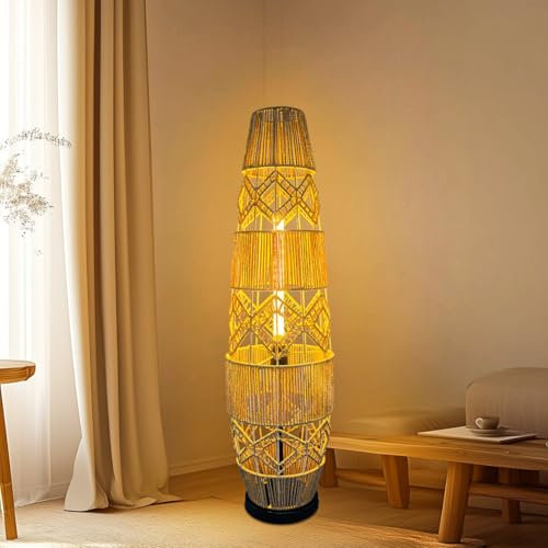 Vrygle Stehlampe Dimmbar Wohnzimmer Bogenlampe: Stehleuchte aus Metall und Rattan, 93.5 cm Höhe wohnzimmerlampe led, Boho Standleuchte für Wohnzimmer, Esszimmer und Schlafzimmer