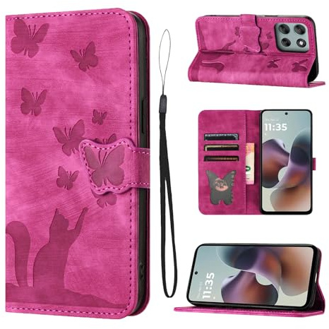 LSPCASA Handyhülle für Motorola Moto G56(6.72 Zoll) PU Premium Leder Schmetterlingskatze Schutzhülle Hülle mit Kartenfächer Klappbar Flip Case Standfunktion für Motorola Moto G56 -Rosa