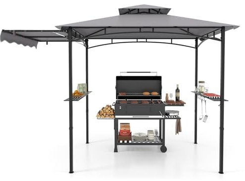 FANTASK Gazebo per barbecue con tenda laterale, 2 ripiani laterali e ganci, doppio tetto, resistente alle intemperie, per barbecue, giardino, feste, gazebo da giardino, barbecue, tettoie per barbecue