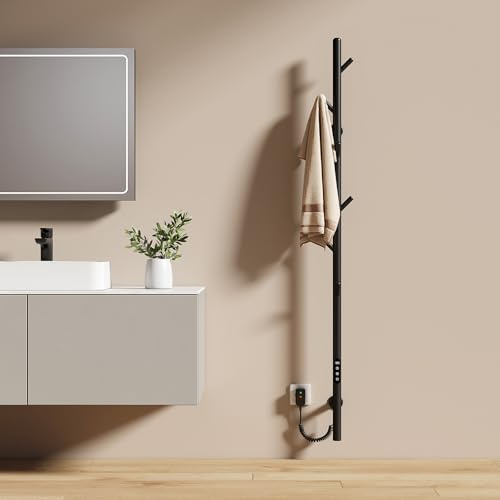 EMKE Scaldasalviette Elettrico da Bagno, Design Portasalviette Elettrico con Una Barra, Regolazione Intelligente della Temperatura, Portasalviette Riscaldato con 6 Ganci, Nero
