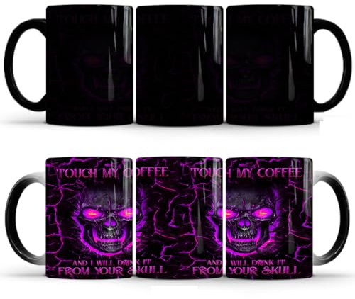 Hosoncovy Ceramic Skull Hot Heat Color Changing Mug Hot Heat Sensitive Coffee Mug with Handle Water Tea Drink Cup for Home Office Gift (Purple)