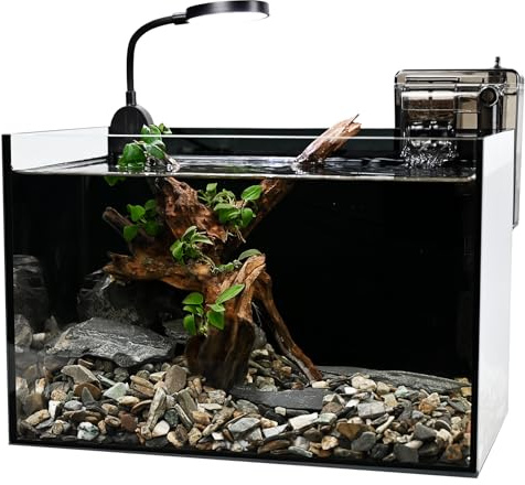 Nano Nature Aquarium-Set, klares Glas, mit Wasserfallfilter und Licht, für Anfänger und Kinder, um Betta-Fische, Goldfische, Garnelen und Wasserpflanzen zu halten (schwarz, 7,5 l