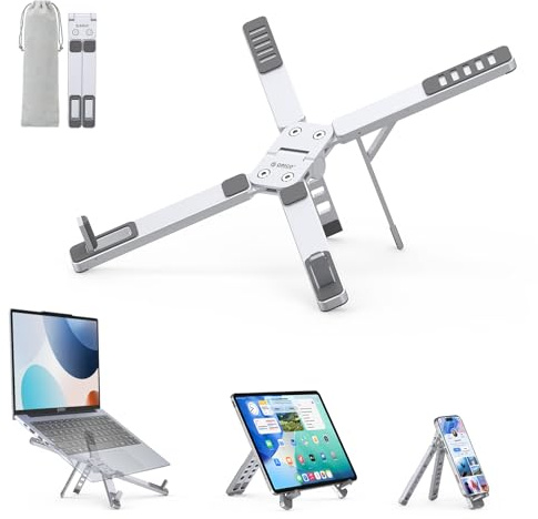 ORICO Support Ordinateur Portable, Support Léger Pliable en Aluminium 3-en-1 pour PC Portable, Tablette & Téléphone, 5 Hauteurs Réglables, pour MacBook/HP/Dell/iPad/iPhone jusqu'à 17 – PN1, Argent
