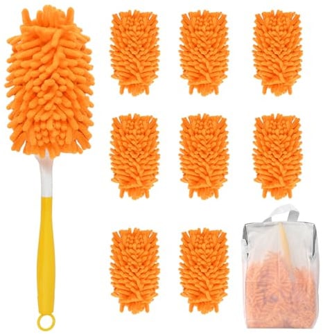 BXUUXA Plumero Atrapapolvo Microfibra con 8 Recambios, Asa y Bolsa Lavado | Plumero de Chenilla Lavable y Reutilizable para Muebles, Persianas, Teclados y Coches, Pequeño 16.5x10cm, Captura 360°