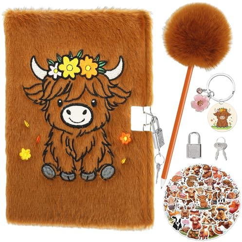 Highland Cow Plush Notebook with Lock, Diary with Lock and Keys Gift for 6 7 8+Year Old Girl,Includes Pom Pom Pen,Cows Keychain,55 Stickers Journal Fun Lockets Secret Diary Journal Kids Birthday Gifts