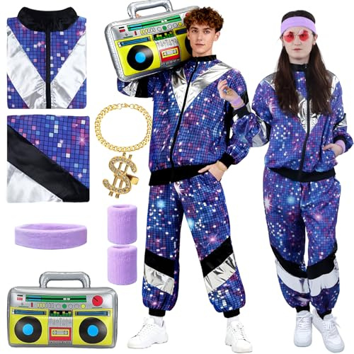 e4 80er 90er Jahre Outfit Herren Damen, 80er Trainingsanzug Jogginganzug Faschingskostüme Männer Unisex 80s Tracksuit Disco Jacke und Hose Anzug 90s Accessoire Bad Taste für Mottoparty Karneval
