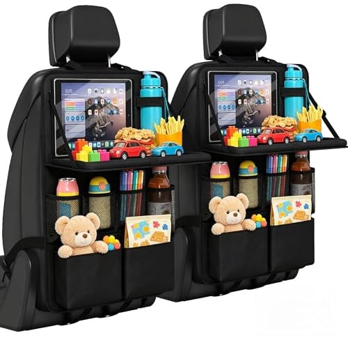 DULCE DOM Auto Organizer mit Klapptisch | 2er Set Sitzschoner für Kinder | 12 Staufächer, Wasserdicht & Robust | Rückbankschutz für Reisen, Urlaub & Alltag | Ideal für SUV, Limousine & Familie，Schwarz