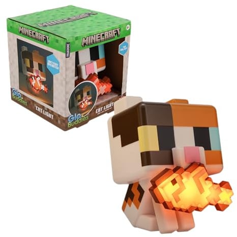 Paladone Minecraft Cat GloBuddies Light, 15cm Tap‑to‑On Lamp with Light‑Up Fish, AA Battery Powered, Officially Licensed