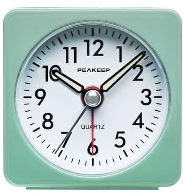 Peakeep Ultra Small, Battery Travel Alarm Clock with Snooze and Light, Silent with No Ticking Analog Quartz (Aquamarine)