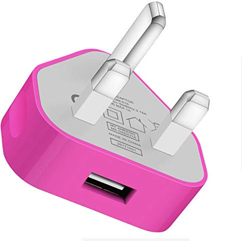 SLTX 3 Pin Plug Mains Charger Adapter, 1AMP 1000mAh Fast Speed Universal Travel Wall Charger for iPhone, iPad, iPod, Samsung Galaxy Tab, HTC, Tablet & USB Devices (HOT Pink)