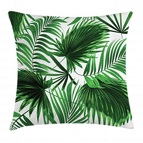 ABAKUHAUS Palmblatt Kissenbezug, Vivid Blätter Wachstum, Dekorative Kopfkissenhülle mit Beidseitigem Druck Reißverschluß Waschbar, 40 x 40 cm, Farngrün und Weiß