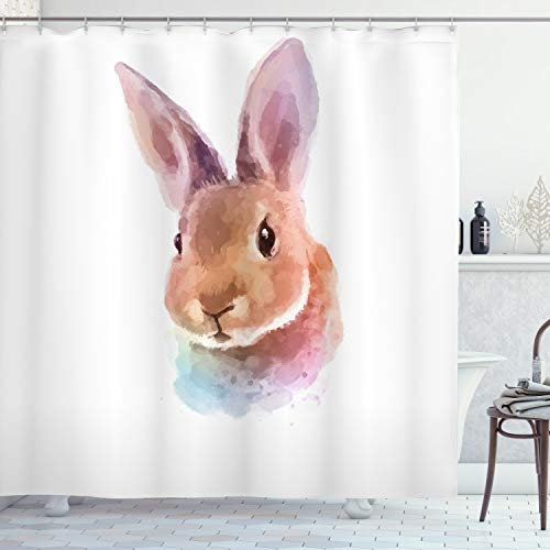ABAKUHAUS Hase Duschvorhang, Aquarell-Kunst-Kaninchen-Kopf, Stoffliches Gewebe Badezimmerdekorationsset mit Haken, 175 x 180 cm, Hellbraun Lila