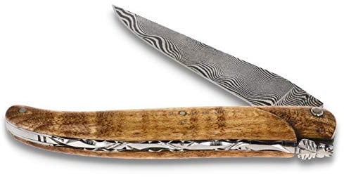 Laguiole en Aubrac Messer 12 cm - Griff geflammter Ahorn plein manche - Zisellierte Platine - Damastklinge - Frankreich Taschenmesser