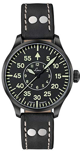 Laco Fliegeruhr Basis Bielefeld, Damen- u. Herren Armbanduhr, schwarzes Lederband, Saphirglas, Ø 39 mm, Miyota 821 A Automatik, inkl. Etui - 861992