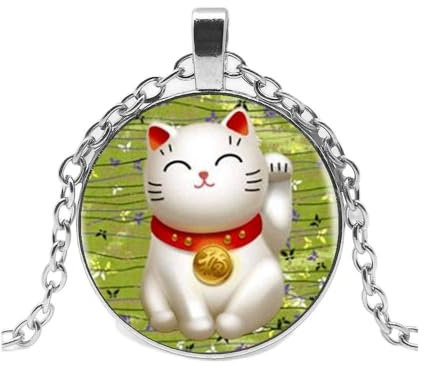 Bijoux Japonais 日本のジュエリー Pendentif Chat Porte-Bonheur et Chance Vert Chiyogami Maneki Neko avec chaîne. Livraison Rapide.