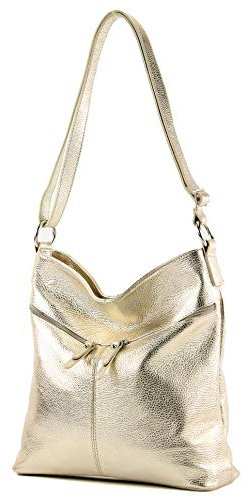modamoda de T196 Damen Leder Schultertasche Umhängetasche handmade in Italy, Farbe:Lightgold Metallic