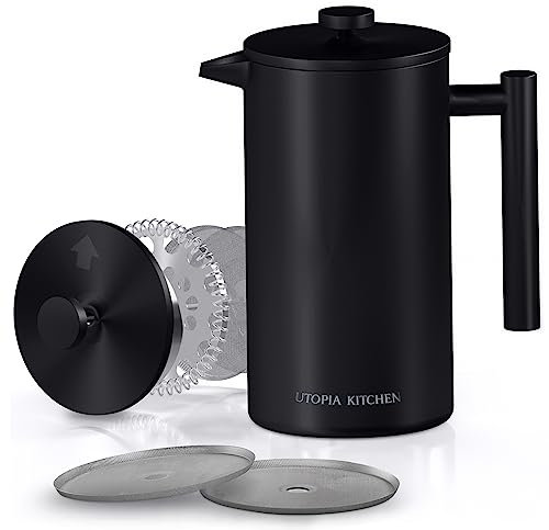 Utopia Kitchen 304 Grade Stainless Steel French Press Coffee Maker 34 Oz, Double Wall Insulated Coffee Press with 4-Level Filtration system, Include 2 Extra Filters, Rust-Free, Dishwasher Safe, Black
