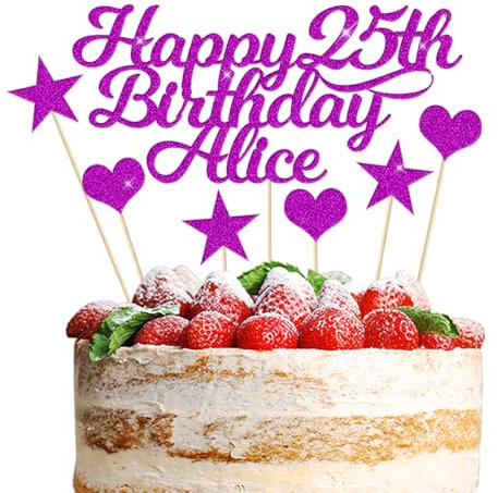 Happy Birthday Cake Topper Personalised 3 Star 3 Heart Customised Any Name Party Cake Decoration Gift Card 1st 18th 21st 30th 45th 60th 80th 100th for Girl Boy Mom Dad Grandparent Purple
