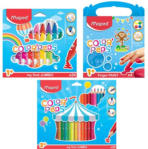 Maped - Kit Coloriage Early Age - 4 Pots Peinture au doigt + 24 Crayons de couleur + 24 Feutres Jumbo pour Enfants dès 1 an