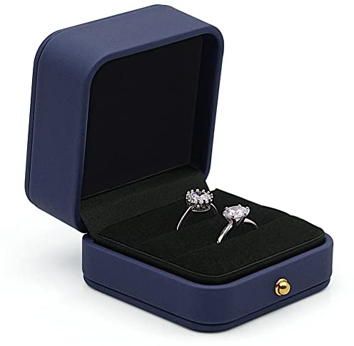 MYEBIUAI Wedding Ring Box Engagement Box Dusty Blue, Square Leather Velvet Jewelry Ring Bearer Box, Premium Gorgeous Vintage Double Slots Ring Box for Proposal, Ceremony, Anniversary, Gift