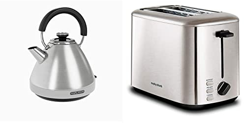 Morphy Richards 100130 Venture Pyramid Kettle Brushed Stainless Steel & 222067 Brushed Equip 2 Slice Stainless Steel Toaster, 800 W, Brushed