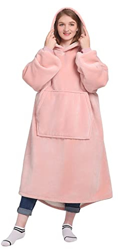 Waitu Tragbare Decke Sweatshirt Geschenke für Frauen und Männer, Sherpa Tragbare Decke Erwachsene, Übergroße Decke Hoodie Lang, Wärmeste Körperdecke Robe,Rosa