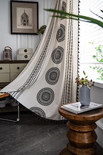 iyoimono Rideaux Vintage bohème avec Glands Rideaux Semi Occultants Lot de 2 Rideaux 150x200cm (L x H) Beige Blanc Crochet Coton Lin Fenêtre Draperie Intérieur pour Chambre Salon Rideaux Voilages