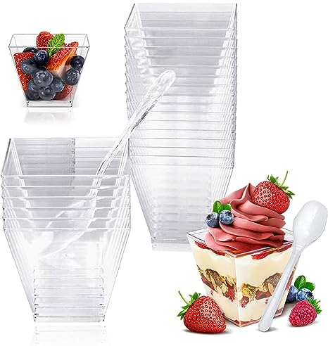 NUWIQ 25 Stück DessertgläSer Plastik mit 25 Stück Löffeln, 120ML Quadratischer Dessertbecher, Wiederverwendbar, für Mousse, DIY Desserts, Pudding, Eiscreme
