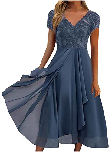 Wedding Guest Dresses for Women UK Petite,Ladies Lace Chiffon Dresses Clearance Sexy V Neck Short Sleeve Prom Dresses Elegant Knee Length Midi Dress Evening Party Special Occasions Dresses