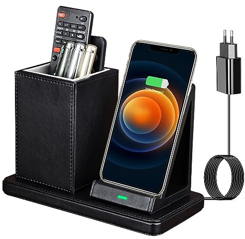 LADSTAG Stiftehalter Schreibtisch Organizer mit Induktive Ladestation, Leder Büro Organizer Schreibtisch 10W Kabelloses Ladegerät für iPhone 16 15 14 13 12 Pro Max Samsung Galaxy S24/S23/S22(Schwarz)